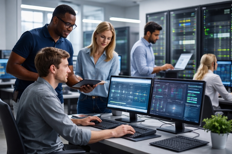 Business technology support team reviewing an IT plan